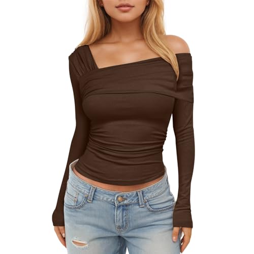 Dihope Langarmshirt Damen Y2K Plissiertes Oberteil Eng Slim Fit T-Shirt Sexy One Off Shoulder Crop Top Langarm Bluse Casual Streetwear Tops,Braun,L von Dihope