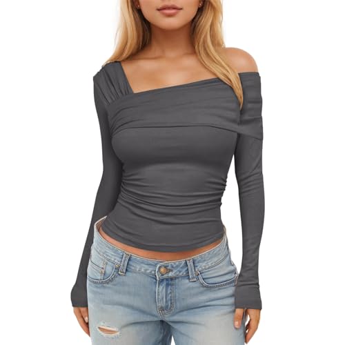 Dihope Langarmshirt Damen Y2K Plissiertes Oberteil Eng Slim Fit T-Shirt Sexy One Off Shoulder Crop Top Langarm Bluse Casual Streetwear Tops,Dunkelgrau,S von Dihope