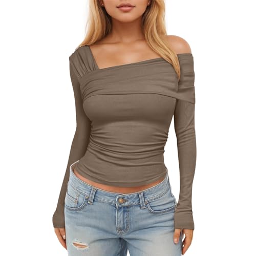 Dihope Langarmshirt Damen Y2K Plissiertes Oberteil Eng Slim Fit T-Shirt Sexy One Off Shoulder Crop Top Langarm Bluse Casual Streetwear Tops,Kamel,S von Dihope