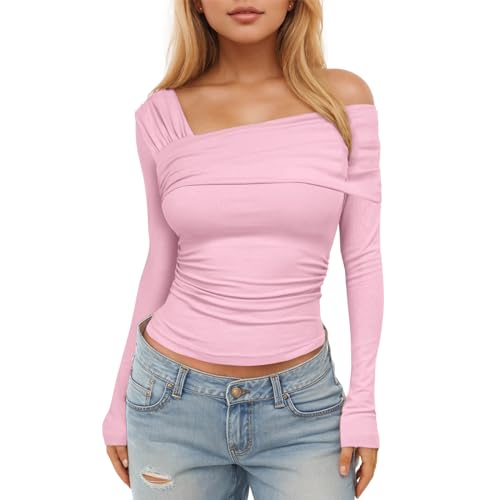 Dihope Langarmshirt Damen Y2K Plissiertes Oberteil Eng Slim Fit T-Shirt Sexy One Off Shoulder Crop Top Langarm Bluse Casual Streetwear Tops,Rosa,L von Dihope