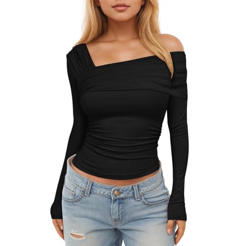 Dihope Langarmshirt Damen Y2K Plissiertes Oberteil Eng Slim Fit T-Shirt Sexy One Off Shoulder Crop Top Langarm Bluse Casual Streetwear Tops,Schwarz,L von Dihope