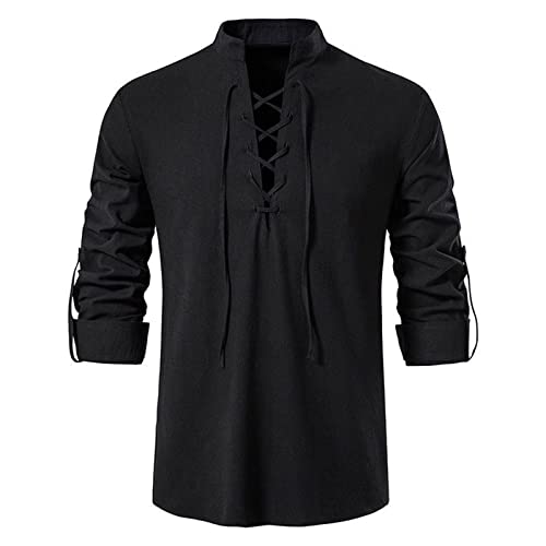 Dihope Leinenhemd Herren Langarm Gothic Hemd mit V Ausschnitt Mittelalter Schnürhemd Viktorianisch Stehkragen Freizeithemd Regular Fit Sommerhemd für Männer(Schwarz 1,XL) von Dihope