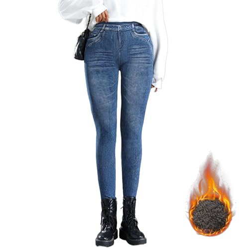 Dihope Thermo Jeggings Damen Jeansoptik High Waist Treggings Stretch Jeans Leggings Lang Warm Winter Jeggings Gefütterte Jeanshosen Baumwolle(01: Blau,M) von Dihope