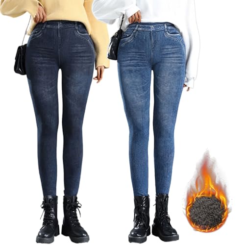 Dihope Thermo Jeggings Damen Jeansoptik High Waist Treggings Stretch Jeans Leggings Lang Warm Winter Jeggings Gefütterte Jeanshosen Baumwolle(01: Schwarz/Blau,M) von Dihope