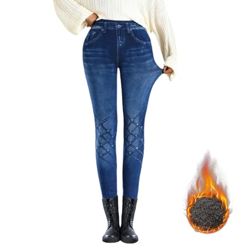 Dihope Thermo Jeggings Damen Jeansoptik High Waist Treggings Stretch Jeans Leggings Lang Warm Winter Jeggings Gefütterte Jeanshosen Baumwolle(04: Blau,L) von Dihope