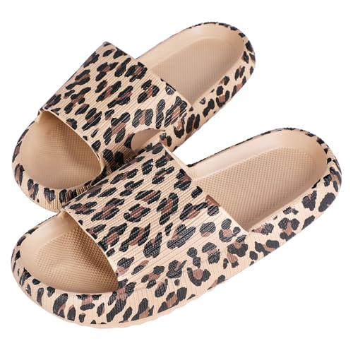 Dihope Unisex Cozislides Slipper Damen Leopard Badeschuhe rutschfest Dick Sohle Badeschlappen Eva Weich Pantoletten Wolken Badelatschen Sommer Hausschuhe Strand Pool (Khaki Leopard, EU 38-39) von Dihope