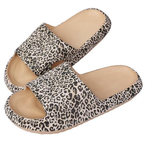 Dihope Unisex Cozislides Slipper Damen Leopard Badeschuhe rutschfest Dick Sohle Badeschlappen Eva Weich Pantoletten Wolken Badelatschen Sommer Hausschuhe Strand Pool (Leopard, EU 38-39) von Dihope