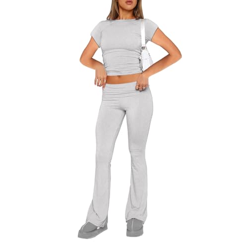 Dihope Zweiteiler Damen Y2K Skims Dupes Set Kurzarmshirt mit Low Rise Flare Lange Schlaghose Slim Fit 2 Stück Lounge Set Outfit Yoga Trainingsanzug Freizeitanzug(Kurzarm/Grau,M) von Dihope