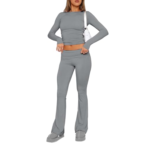 Dihope Zweiteiler Damen Y2K Skims Dupes Set Langarmshirt mit Low Rise Flare Lange Schlaghose Slim Fit 2 Stück Lounge Set Outfit Yoga Trainingsanzug Freizeitanzug(Dunkelgrau,M) von Dihope