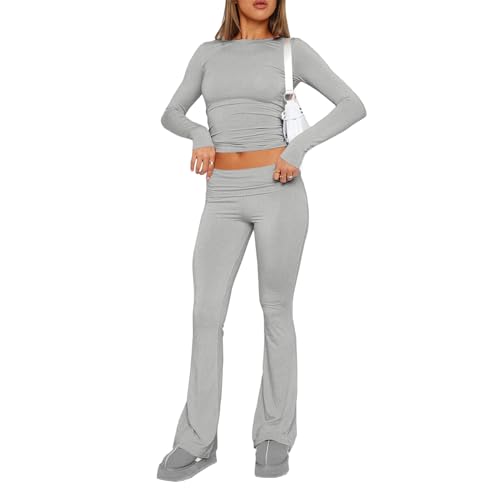 Dihope Zweiteiler Damen Y2K Skims Dupes Set Langarmshirt mit Low Rise Flare Lange Schlaghose Slim Fit 2 Stück Lounge Set Outfit Yoga Trainingsanzug Freizeitanzug(Grau,L) von Dihope