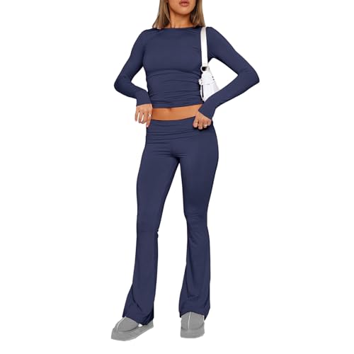 Dihope Zweiteiler Damen Y2K Skims Dupes Set Langarmshirt mit Low Rise Flare Lange Schlaghose Slim Fit 2 Stück Lounge Set Outfit Yoga Trainingsanzug Freizeitanzug(Navyblau,M) von Dihope