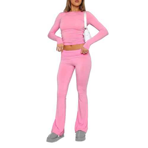 Dihope Zweiteiler Damen Y2K Skims Dupes Set Langarmshirt mit Low Rise Flare Lange Schlaghose Slim Fit 2 Stück Lounge Set Outfit Yoga Trainingsanzug Freizeitanzug(Rosa,M) von Dihope