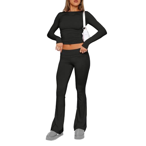 Dihope Zweiteiler Damen Y2K Skims Dupes Set Langarmshirt mit Low Rise Flare Lange Schlaghose Slim Fit 2 Stück Lounge Set Outfit Yoga Trainingsanzug Freizeitanzug(Schwarz,L) von Dihope