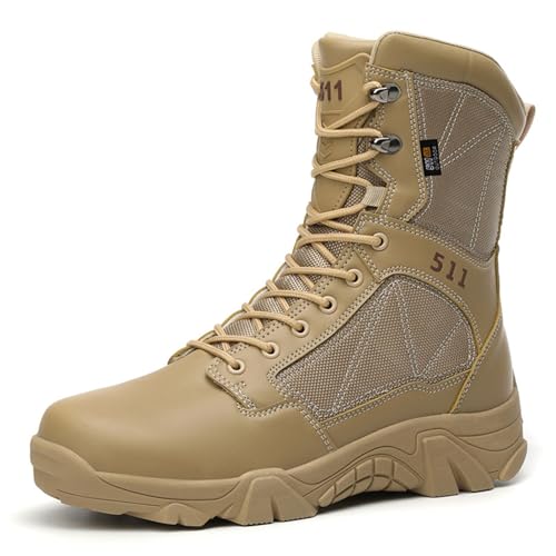 Dihou88 Bequeme Kampfstiefel für Herren, wasserdichte und rutschfeste Taktische Lederstiefel für Herren, für schnelle Reaktionsarbeit im Freien(Brown,42 EU) von Dihou88