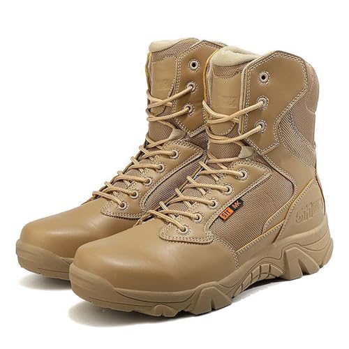 Dihou88 Kampfstiefel Herren Wasserdichter seitlicher Reißverschluss Bequeme Taktische Herrenstiefel rutschfeste Taktische Stiefel für Motorradarbeitssicherheit(Brown,42 EU) von Dihou88