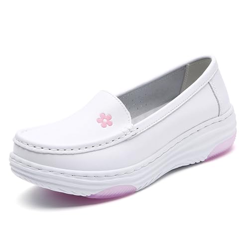 Dihou88 Pflegeschuhe Damen, Krankenschwesterschuhe für Damen, medizinische Schuhe, Leder, zum Reinschlüpfen, rutschfest, wasserabweisend, atmungsaktiv(White 1,41 EU) von Dihou88
