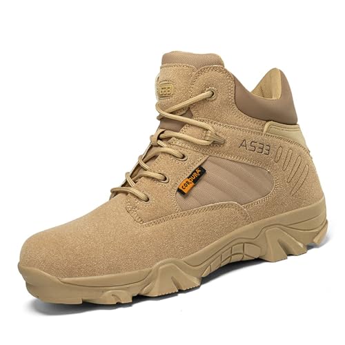 Kampfstiefel Herren, rutschfest, strapazierfähig, Leder, bequem, wasserdicht, für die Arbeit im Freien, ganztägige Einsätze(Brown,40 EU) von Dihou88
