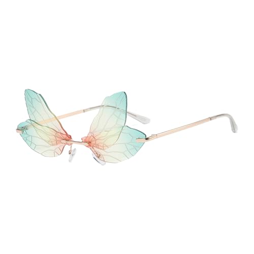 Libellenflügel-Sonnenbrille, unregelmäßige Form, Schmetterling, randlose Sonnenbrille mit Metallrahmen für Frauen, Mädchen, Cosplay, Party, Dekoration, Halloween, Reisen, Strand. (grün Gelb Rosa) von DiiWmme