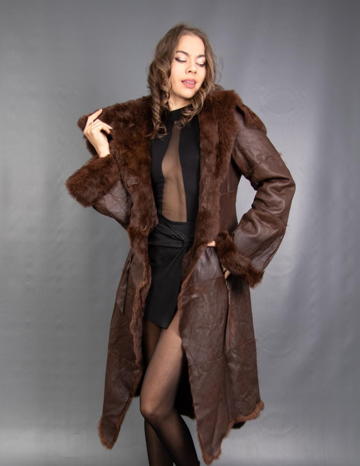 16091 Bezaubernder Echt Leder Lapin Mantel Luxus Pelz Gr. S von DilartPlus