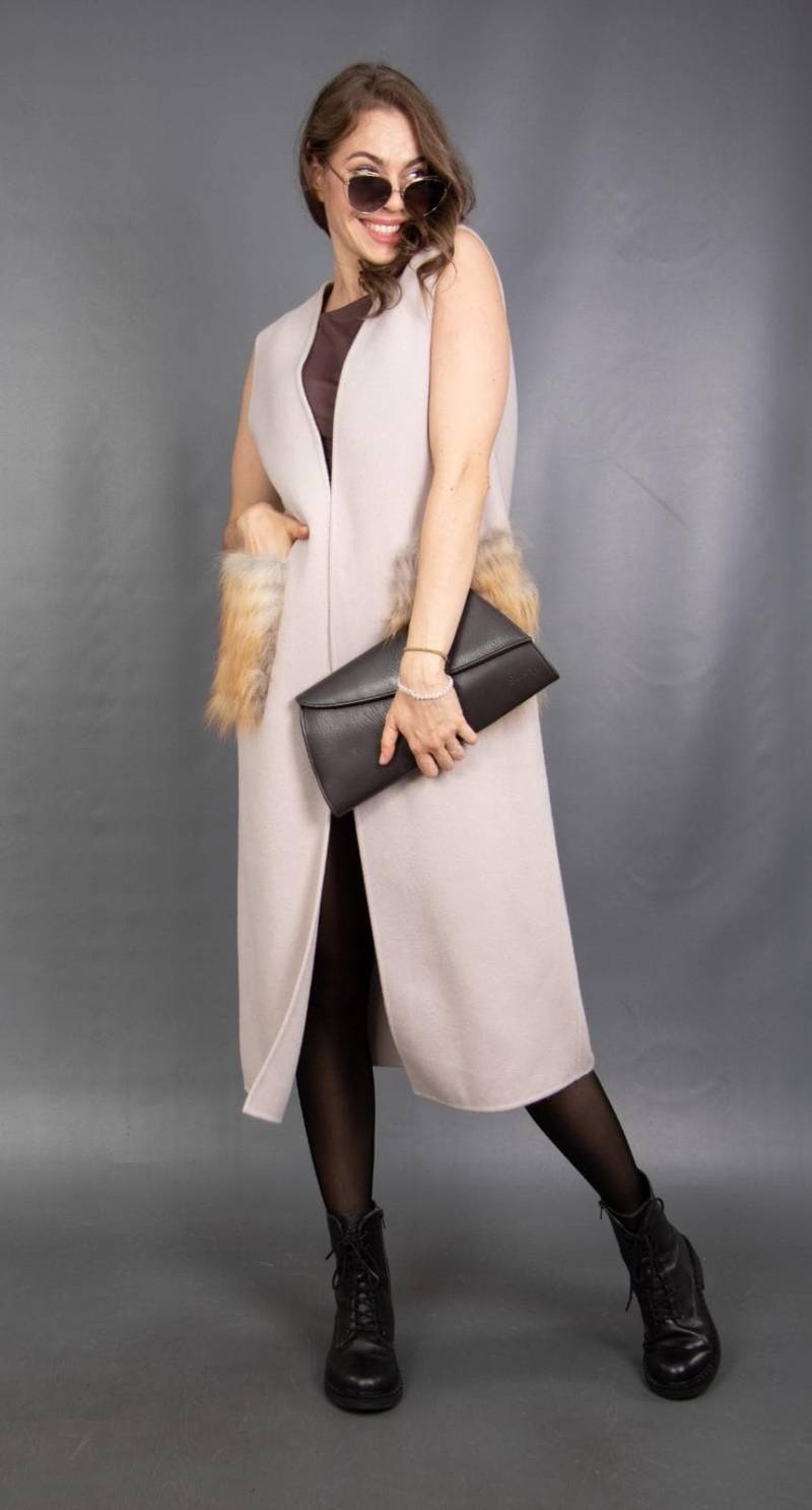 6976 Wunderschöner Woll Kaschmir Mantel Mit Echter Rotfuchs Weste Schöner Look Pelz Gr. S von DilartPlus