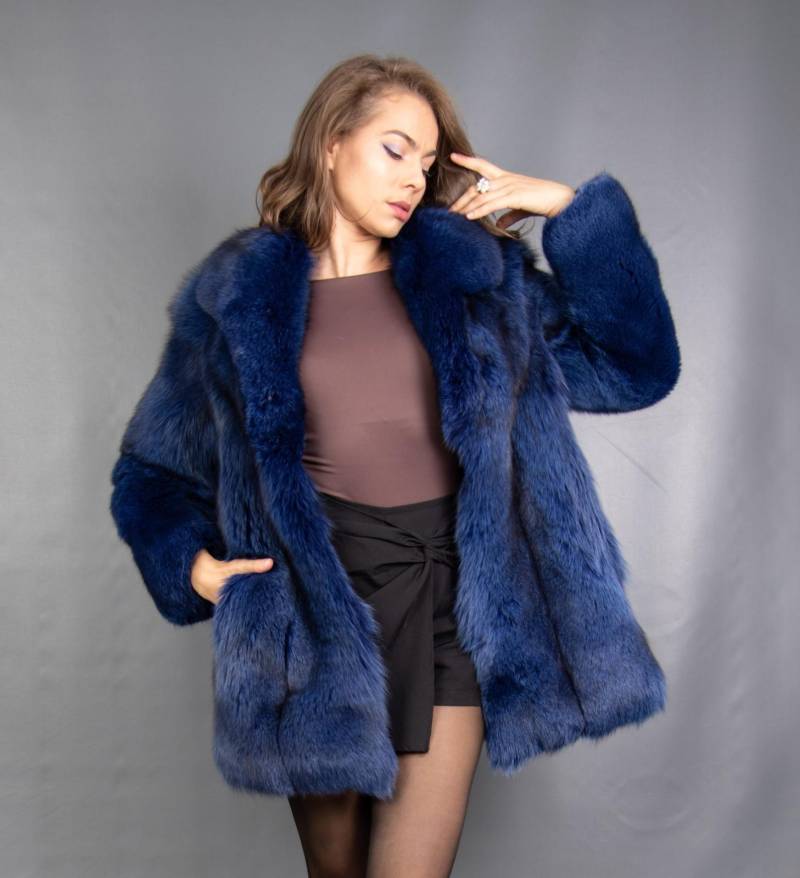 7144 Neu Wunderschöne Echt Blaufuchs Mantel Jacke Luxus Pelz Schöner Look Gr.-S von DilartPlus