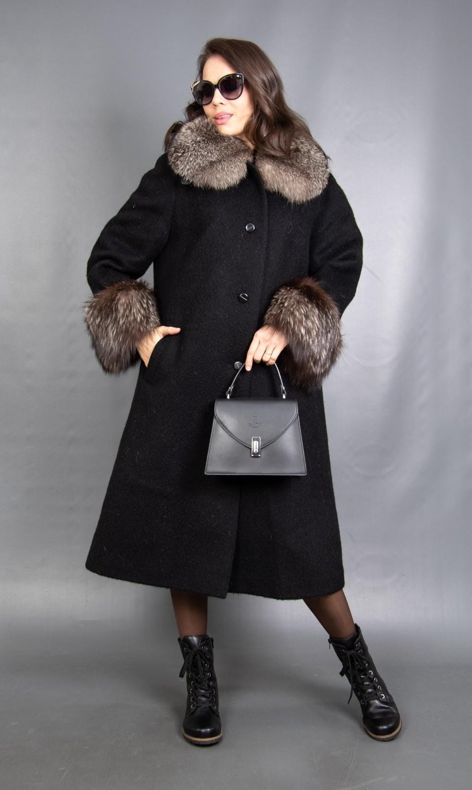 7312 Neu Wolle Kaschmir Mantel Mit Echten Silberfuchs Pelz Gr. L von DilartPlus