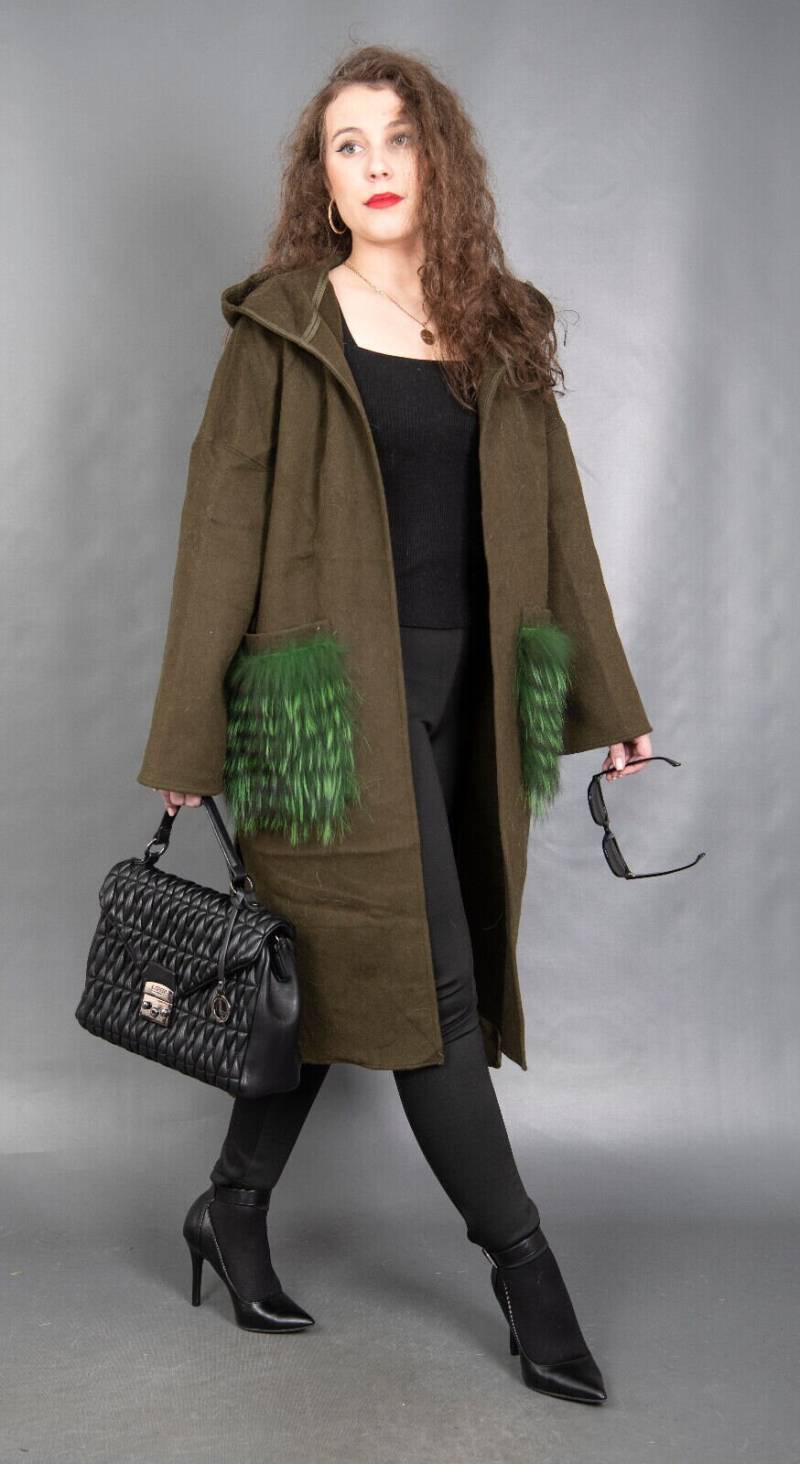 8393 Neu Echt Fuchs Wolle Mantel Kapuze Gr. L von DilartPlus