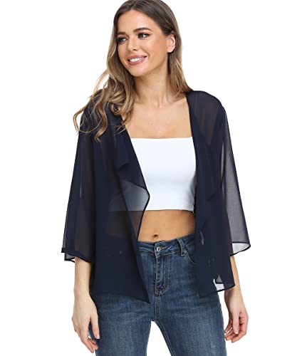 Dilgul Chiffon Bolero Damen Cardigan Sommer Leichte Festliche Kurze Transparent Bolerojacke 3/4 Arm Einfarbig Shrug Schulterjacke Königsblau L von Dilgul