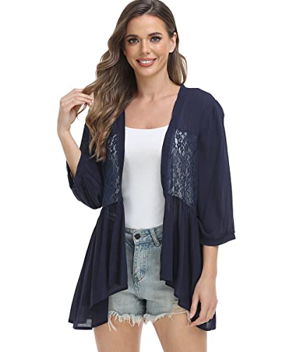 Dilgul Cardigan Damen Sommer Lang Spitze 3/4 Ärmel Transparenz Strickjacke Open Front Leicht Strand Aufdecken Oberteile Blau L von Dilgul