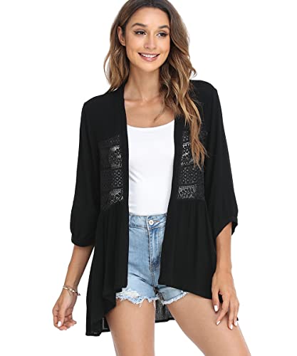 Dilgul Cardigan Damen Sommer Lang Spitze 3/4 Ärmel Transparenz Strickjacke Open Front Leicht Strand Aufdecken Oberteile Schwarz S von Dilgul