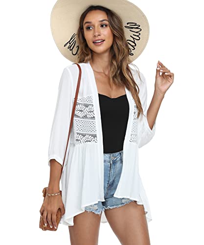 Dilgul Cardigan Damen Sommer Lang Spitze 3/4 Ärmel Transparenz Strickjacke Open Front Leicht Strand Aufdecken Oberteile Weiß L von Dilgul