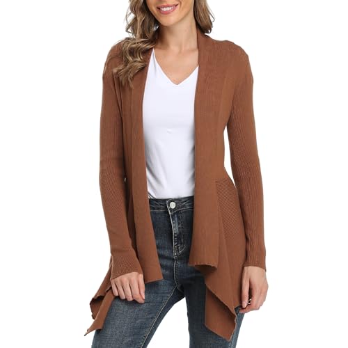 Dilgul Cardigan Damen Strickjacke Langarm Elegant Schalkragen Open Front Unregelmäßiger Saum Lang Strickmantel Pullover Kamel L von Dilgul