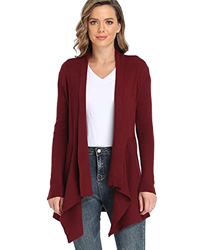 Dilgul Cardigan Damen Strickjacke Langarm Elegant Schalkragen Open Front Unregelmäßiger Saum Lang Strickmantel Pullover Rotwein M von Dilgul