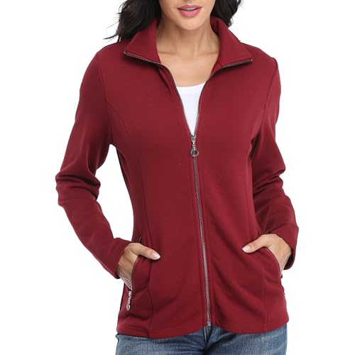 Dilgul Damen Sweatjacke mit Stehkragen Reißverschluss Freizeitjacke Langarm Leichte Jacke, Weinrot von Dilgul