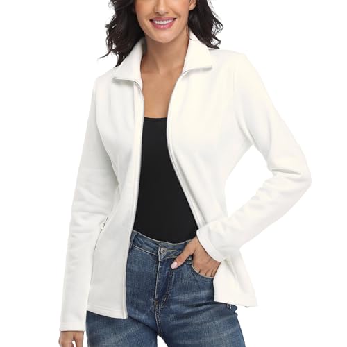 Dilgul Damen Sweatjacke mit Stehkragen Reißverschluss Freizeitjacke Langarm Leichte Jacke, Weiß von Dilgul