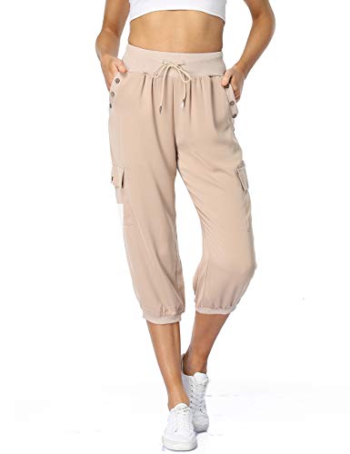 Dilgul Hosen Damen 3/4 Hose Jogginghose Sommer Casual Einfarbig Baggy Freizeithosen Elastischen Kordelzug mit 4 Taschen Bündchen Sporthose Aprikose Large von Dilgul