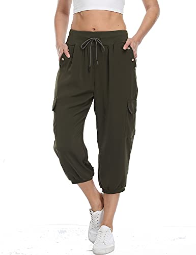 Dilgul Hosen Damen 3/4 Hose Jogginghose Sommer Casual Einfarbig Baggy Freizeithosen Elastischen Kordelzug mit 4 Taschen Bündchen Sporthose Armeegrün Medium von Dilgul