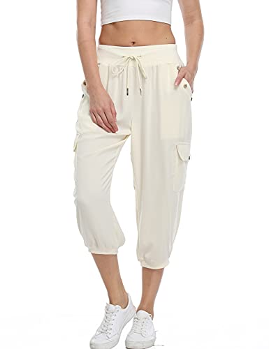 Dilgul Hosen Damen 3/4 Hose Jogginghose Sommer Casual Einfarbig Baggy Freizeithosen Elastischen Kordelzug mit 4 Taschen Bündchen Sporthose Beige Medium von Dilgul