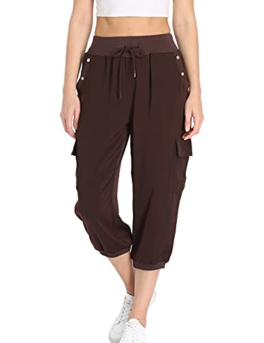 Dilgul Hosen Damen 3/4 Hose Jogginghose Sommer Casual Einfarbig Baggy Freizeithosen Elastischen Kordelzug mit 4 Taschen Bündchen Sporthose Braun Small von Dilgul