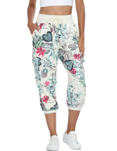 Dilgul Hosen Damen 3/4 Hose Jogginghose Sommer Casual Einfarbig Baggy Freizeithosen Elastischen Kordelzug mit 4 Taschen Bündchen Sporthose Drucken Aprikose X-Large von Dilgul