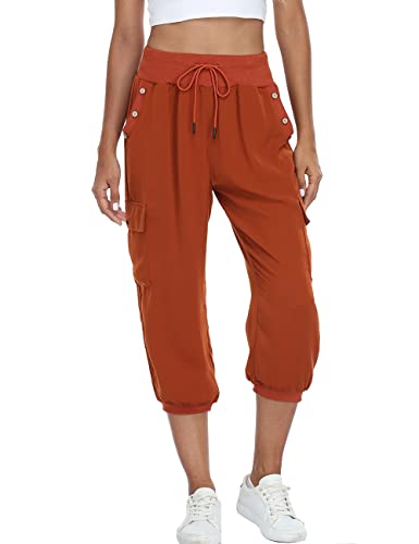 Dilgul Hosen Damen 3/4 Hose Jogginghose Sommer Casual Einfarbig Baggy Freizeithosen Elastischen Kordelzug mit 4 Taschen Bündchen Sporthose Drucken Dunkelbraun Medium von Dilgul