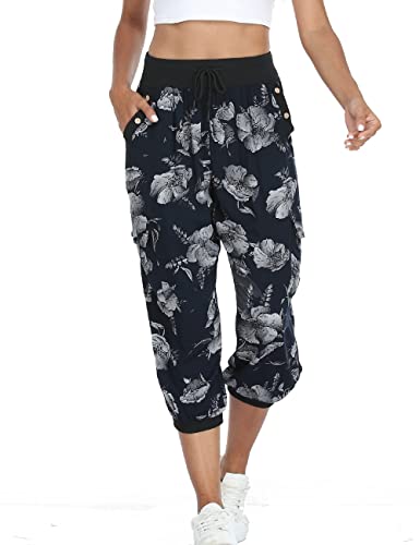 Dilgul Hosen Damen 3/4 Hose Jogginghose Sommer Casual Einfarbig Baggy Freizeithosen Elastischen Kordelzug mit 4 Taschen Bündchen Sporthose Drucken Schwarz XX-Large von Dilgul