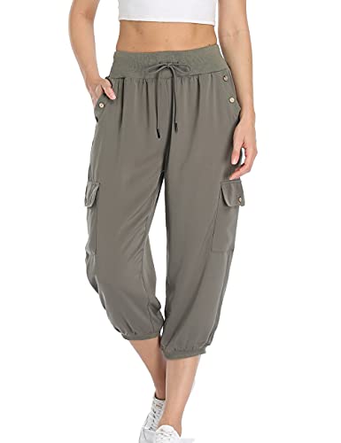 Dilgul Hosen Damen 3/4 Hose Jogginghose Sommer Casual Einfarbig Baggy Freizeithosen Elastischen Kordelzug mit 4 Taschen Bündchen Sporthose Grau Grün X-Small von Dilgul