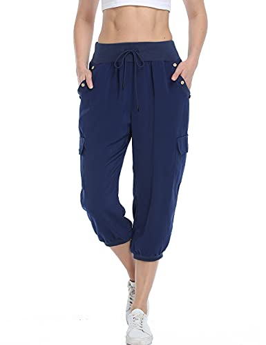 Dilgul Hosen Damen 3/4 Hose Jogginghose Sommer Casual Einfarbig Baggy Freizeithosen Elastischen Kordelzug mit 4 Taschen Bündchen Sporthose Königsblau Medium von Dilgul