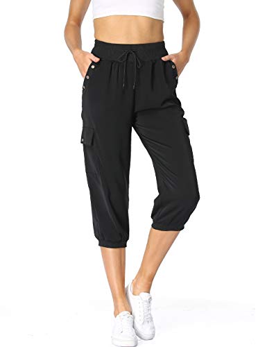 Dilgul Hosen Damen 3/4 Hose Jogginghose Sommer Casual Einfarbig Baggy Freizeithosen Elastischen Kordelzug mit 4 Taschen Bündchen Sporthose Schwarz Medium von Dilgul