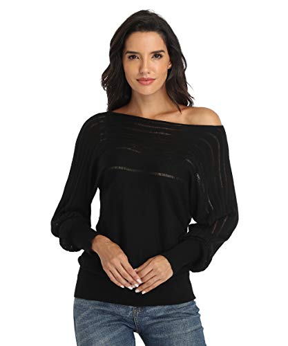 Dilgul Pullover Damen Oberteile Langarmshirt Strickpullover Sexy Off Shoulder Pullover Fledermausärmel Lose Schulterfrei Herbst Strick Oberteil Schwarz Large von Dilgul