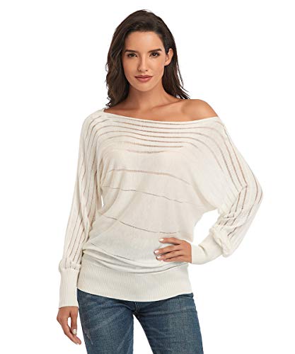 Dilgul Pullover Damen Oberteile Langarmshirt Strickpullover Sexy Off Shoulder Pullover Fledermausärmel Lose Schulterfrei Herbst Strick Oberteil Elfenbein Small von Dilgul