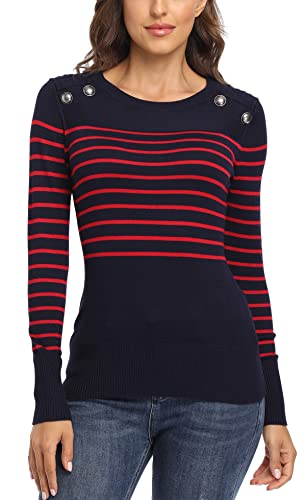 Dilgul Pullover Damen Gestreiftes Langarmshirt Strickpullover Sweatshirt Pulli Tunika mit Knöpfen Blau/Rot Medium von Dilgul