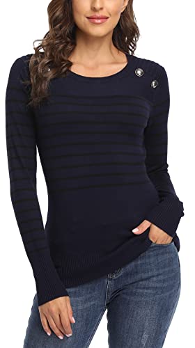 Dilgul Pullover Damen Gestreiftes Langarmshirt Strickpullover Sweatshirt Pulli Tunika mit Knöpfen Blau/Schwarz Medium von Dilgul