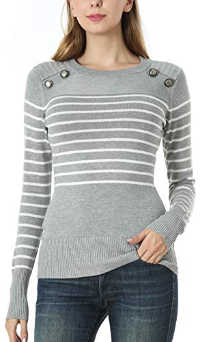 Dilgul Pullover Damen Gestreiftes Langarmshirt Strickpullover Sweatshirt Pulli Tunika mit Knöpfen Hell Grau Large von Dilgul